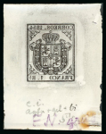 Stamp of Spain Spain – 1854 Coat of Arms, 4c, 1r, four items, incl. three glass support clichés in different shades and one trial exposure on celluloid with Sperati’s production annotations regarding the Agfa film used and colouring; a