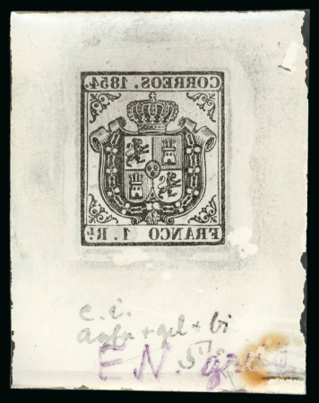 Stamp of Spain Spain – 1854 Coat of Arms, 4c, 1r, four items, incl. three glass support clichés in different shades and one trial exposure on celluloid with Sperati’s production annotations regarding the Agfa film used and colouring; a
