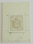 Stamp of Spain Spain – 1854 Coat of Arms, 4c, 1r, four items, incl. three glass support clichés in different shades and one trial exposure on celluloid with Sperati’s production annotations regarding the Agfa film used and colouring; a