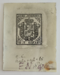 Stamp of Spain Spain – 1854 Coat of Arms, 4c, 1r, four items, incl. three glass support clichés in different shades and one trial exposure on celluloid with Sperati’s production annotations regarding the Agfa film used and colouring; a