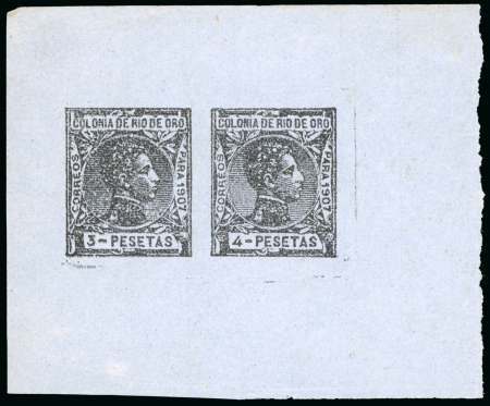 Stamp of Spanish Colonies » Rio de Oro Spanish Colonies, Río de Oro – 1907 4p in se-tenant pair with 3p, three trial proofs with impression in black on paper, one impression painted black around the area of design to concentrate the light, also an impression