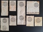 Stamp of Sperati Brazil – 1843, Bull’s Eyes 60r, twelve production items and five cancellation trials on paper