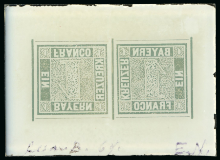 Stamp of German States » Bavaria German States, Bavaria – 1849 1kr group of twelve production items, including four glass support clichés