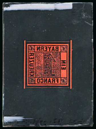 Stamp of German States » Bavaria German States, Bavaria – 1849 1kr group of nine production items, including four glass support clichés, including one in bright red with production notations at base, and two matching clichés in black and grey, two match