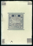 Stamp of German States » Bavaria German States, Bavaria – 1849 1kr group of nine production items, including four glass support clichés, including one in bright red with production notations at base, and two matching clichés in black and grey, two match