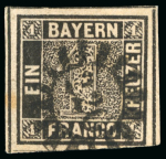 Stamp of German States » Bavaria German States, Bavaria – 1849 1kr group of nine production items, including four glass support clichés, including one in bright red with production notations at base, and two matching clichés in black and grey, two match
