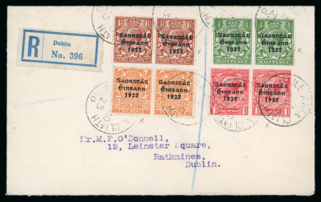 Stamp of Ireland » 1923 Harrison Coils Overprints (T62-65) 1/2d green, 1d red, 1 1/2d red-brown and 2d orange, complete set of four all showing LONG "1" variety in horizontal coil pairs, all neatly tied by "BAILE ÁTHA CLIATH/2.NO.23" cds on registered cover sent with Dublin to R
