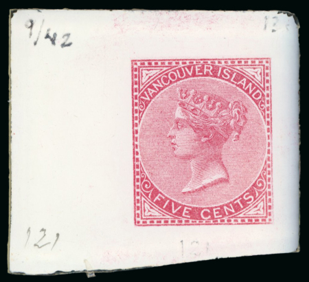 Stamp of Sperati Canada, Vancouver Island – 1865 5c, an exceptional group of twenty-two production items for the stamp and cancellations, comprising seven glass support clichés in a range of colours, black, gray, green, brown and two bla
