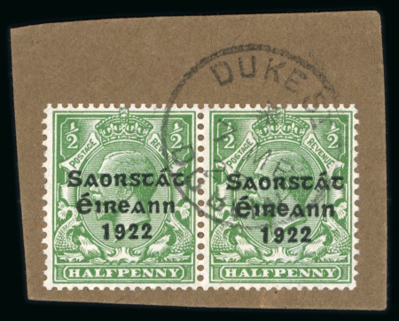 Stamp of Ireland » 1923 Harrison Coils Overprints (T62-65) 1/2d green, coil horizontal pair, tied on fragment by "DUKE STREET / DUBLIN / 7.MR.25" first day cancel