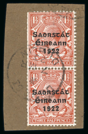 Stamp of Ireland » 1923 Harrison Coils Overprints (T62-65) 1 1/2d red-brown, coil vertical pair, tied on fragment by "DUKE STREET / DUBLIN / 7.MR.25" first day cancel