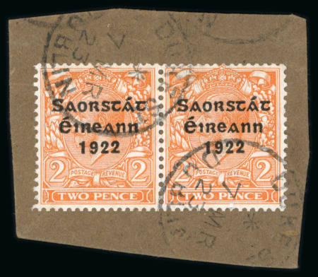 Stamp of Ireland » 1923 Harrison Coils Overprints (T62-65) 2d orange, coil horizontal pair, tied on fragment by "DUKE STREET / DUBLIN / 7.MR.25" first day cancel