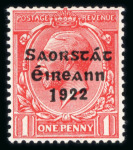 Stamp of Ireland » 1923 Harrison Coils Overprints (T62-65) 1d red, single coil stamp, mint, showing "LONG 1" overprint variety and "Q" for "O" on ONE printing flaw