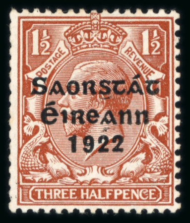 Stamp of Ireland » 1923 Harrison Coils Overprints (T62-65) 1 1/2d red-brown, single coil stamp, mint, showing "wavy line under S" overprint variety and damaged "C" in "PENCE" printing flaw, very fine and scarce unlisted varieties (Hib. T64 var)