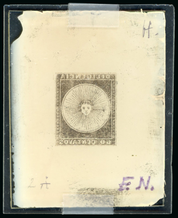 Stamp of Sperati Uruguay – 1856 “Diligencia” 60c and 1859 100c “thin figures”, four glass support clichés, including one 60c. mirror image, in a very vibrant indigo, and a cliché in gray-black with a few notes in the margin, also the 185