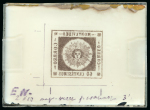 Stamp of Sperati Uruguay – 1856 “Diligencia” 60c and 1859 100c “thin figures”, four glass support clichés, including one 60c. mirror image, in a very vibrant indigo, and a cliché in gray-black with a few notes in the margin, also the 185