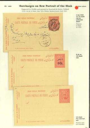 Stamp of Persia » Postal Stationery 1925 Pahlavi provisional post cards 2ch on 12ch red (PC45) and 9ch on 12ch red (PC46), page with three cards,
