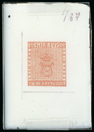 Stamp of Sperati Sweden – 1855, 3sk two glass support clichés, one with note “Essai 83” and the other with faint impression “pose insuff. 3°”, also two fine clichés of the 24sk, one with mirror image in an attractive vermilion and date J