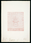 Stamp of Sperati Sweden – 1855, 3sk two glass support clichés, one with note “Essai 83” and the other with faint impression “pose insuff. 3°”, also two fine clichés of the 24sk, one with mirror image in an attractive vermilion and date J