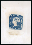 Stamp of Sperati Mauritius – 1847 “Post Office” 2d, two beautiful essays on cardboard, one in a deep blue colour on a large paper without annotations on reverse, the other shows a weaker imprint bottom right  with some partially erased n