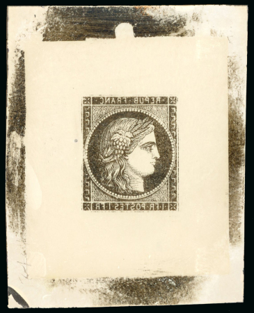 Stamp of Sperati France – 1849 Ceres first issue 1f, a single cliché on celluloid with very finely detailed impression in black, showing image reversal and black colouration around the edges; a visually impressive cliché on film with a s