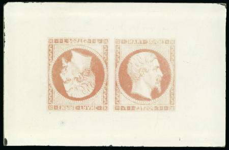 Stamp of Sperati France – Second Empire issue 1f, one glass support cliché with a beautiful tête-bêche pair, image reversed, in a light-brown shade; a production item of the highest rarity and one of just a few tête-bêche clichés on glas