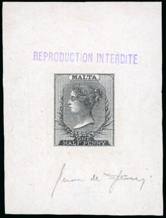 Stamp of Sperati Malta – 1869 1/2d, proof on thick paper with purple “Reproduction Interdite”