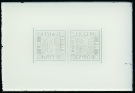 Stamp of German States » Bavaria German States, Bavaria – 1849 1kr, a beautiful glass support cliché with tête-bêche