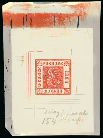 Stamp of German States » Saxony German States, Saxony – 1850 3pf one splendid celluloid cliché with a reversed image impression in a refulgent red-vermilion with some decorative production notes at base, a very fine cliché of the sort that Sperati work