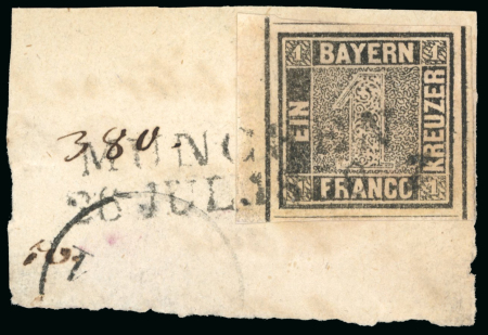 Stamp of Sperati German States, Bavaria – 1849 1kr, a finished reproduction on letter part