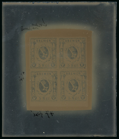 Stamp of Sperati German States, Bremen – 1856 5sgr, one spectacular negative cliche block of four