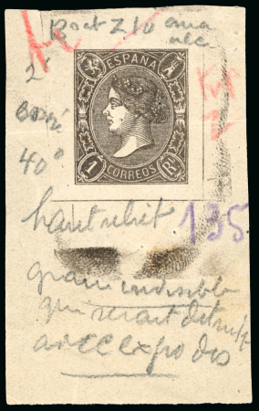 Stamp of Sperati Spain – 1865 1r Queen Isabella II and 1874 10p allegory of justice, eleven trial prints