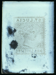 Stamp of Sperati St Lucia – 1885 1s, three glass support clichés, 13 items