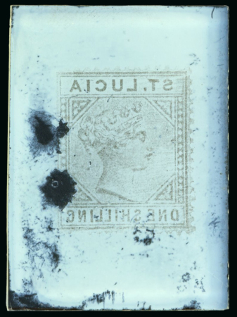 Stamp of Sperati St Lucia – 1885 1s, three glass support clichés, 13 items