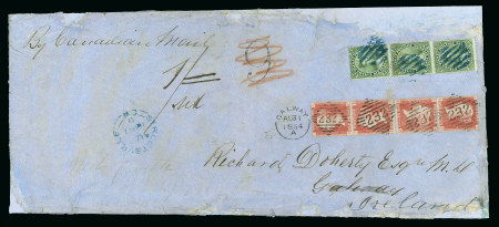 Stamp of Canada 1861 (Aug 16) large envelope sent to Ireland from Streetsville with 1859 12 1/2c green vertical strip of three, redirected in Ireland