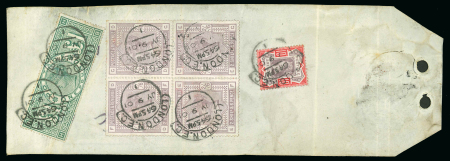 Stamp of Great Britain » 1855-1900 Surface Printed » 1887-1900 Jubilee Issue & 1891 £1 Green 1883 2s6d lilac in block of four, 1887-92 Jubilee 10d and £1 green on Foreign Office Diplomatic parcel tag to Guatemala