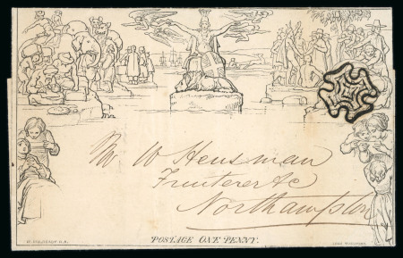 Stamp of Great Britain » 1840 Mulreadys & Caricatures » 1d Lettersheets and Envelopes 1840 Mulready 1d lettersheet with Samuel Hanson & Son printed advert, cancelled by superb MC in black to the right of Britannia (contrary to regulations)