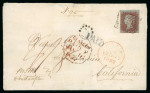 Stamp of Great Britain » 1841 1d Red 1852 cover from Scotland to San Francisco with 4/8 postage paid in cash and an imperf 1d red applied to pay a late fee