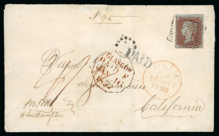 Stamp of Great Britain » 1841 1d Red 1852 cover from Scotland to San Francisco with 4/8 postage paid in cash and an imperf 1d red applied to pay a late fee