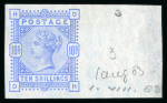 Stamp of Great Britain » 1855-1900 Surface Printed » 1883-84 & 1888 High Values 1883-84 10s marginal imprimatur on blued paper (DH) from the right of the sheet