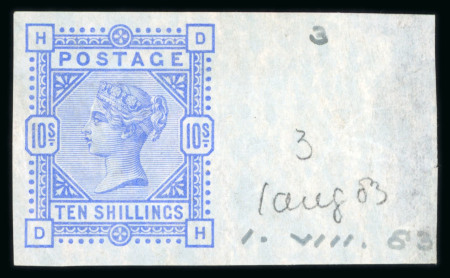 Stamp of Great Britain » 1855-1900 Surface Printed » 1883-84 & 1888 High Values 1883-84 10s marginal imprimatur on blued paper (DH) from the right of the sheet