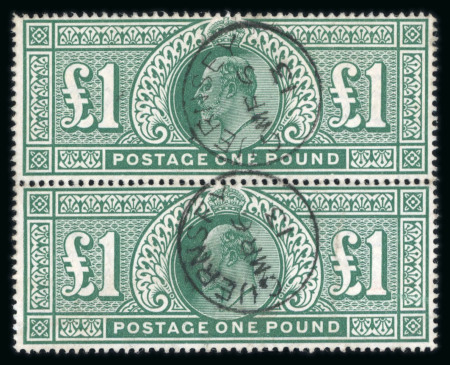 Stamp of Great Britain » King Edward VII » 1911-13 Somerset House Issues 1911, £1 deep green used vertical pair, neatly cancelled by two Guernsey cds