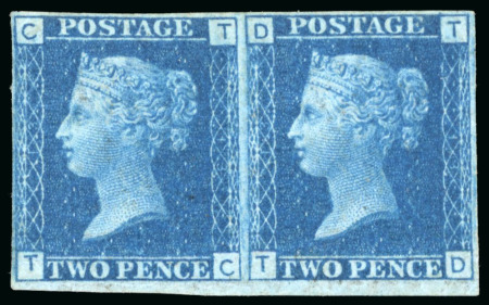 Stamp of Great Britain » 1854-70 Perforated Line Engraved 1858-76 2d deep blue pl.13 TC-TD mint horizontal pair imperforate variety