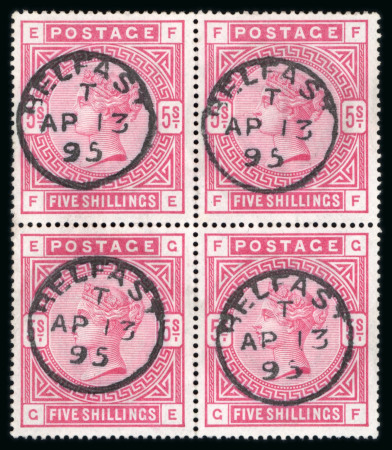 Stamp of Great Britain » 1855-1900 Surface Printed » 1883-84 & 1888 High Values 1883-84 5s rose in used block of 4, with fine strikes of the Belfast AP 13 95 cds