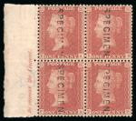 Stamp of Great Britain » 1854-70 Perforated Line Engraved 1854-57 1d red-brown pl.35 EA-FB marginal inscription block of four with SPECIMEN ovpt