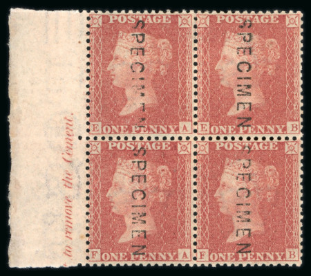 Stamp of Great Britain » 1854-70 Perforated Line Engraved 1854-57 1d red-brown pl.35 EA-FB marginal inscription block of four with SPECIMEN ovpt