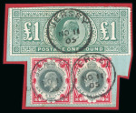 Stamp of Great Britain » King Edward VII » 1902-10 De La Rue Issues 1902-10 De La Rue 1s pair and £1 green neatly tied to small piece by good strikes of Jersey cds