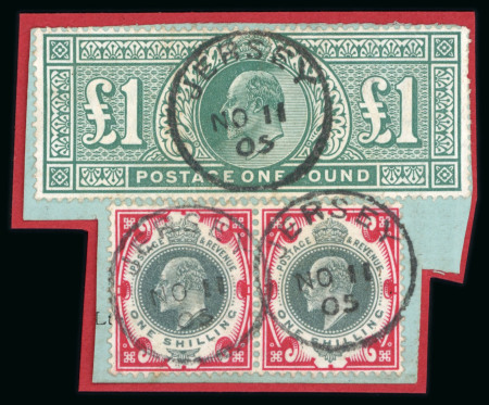 Stamp of Great Britain » King Edward VII » 1902-10 De La Rue Issues 1902-10 De La Rue 1s pair and £1 green neatly tied to small piece by good strikes of Jersey cds