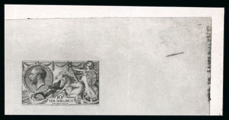 Stamp of Great Britain » King George V » 1913-19 Seahorse Issues 1929 10s Experimental Plate Proof in black, from the upper right corner of the sheet