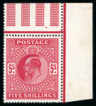 Stamp of Great Britain » King Edward VII » 1911-13 Somerset House Issues 1911-13 Somerset House 5s carmine mint n.h. upper right marginal