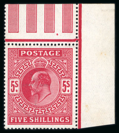 Stamp of Great Britain » King Edward VII » 1911-13 Somerset House Issues 1911-13 Somerset House 5s carmine mint n.h. upper right marginal